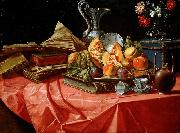 Cristoforo Munari vasetto di fiori e teiera su tavolo coperto da tovaglia rossa oil painting on canvas